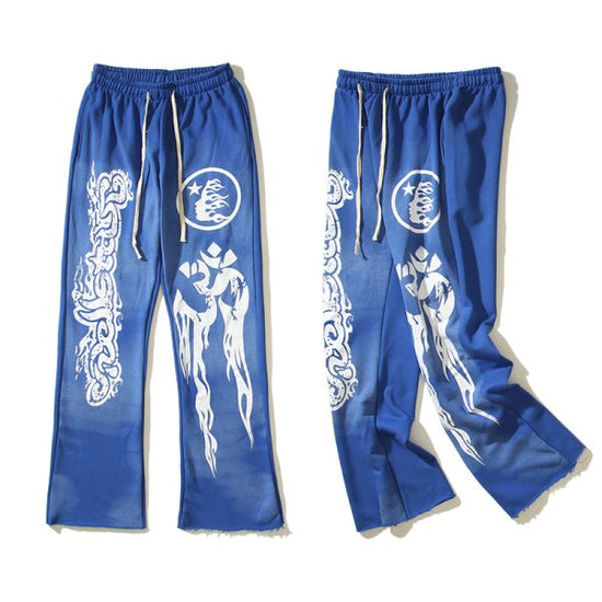 Pantalones deportivos casuales con estampado retro de barro azul de Hellstar Studios, pantalones acampanados