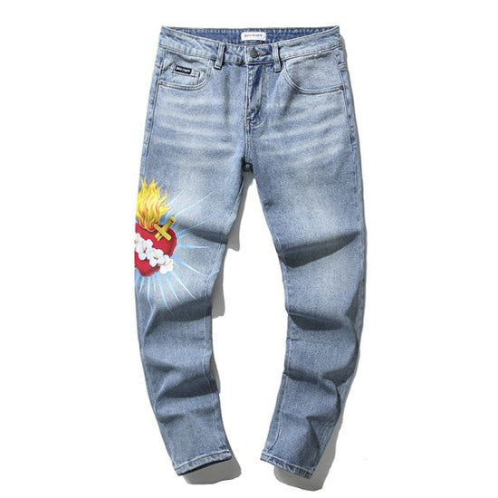 Pantalones vaqueros ajustados con diseño de corazón de llamas y ángel de Palm